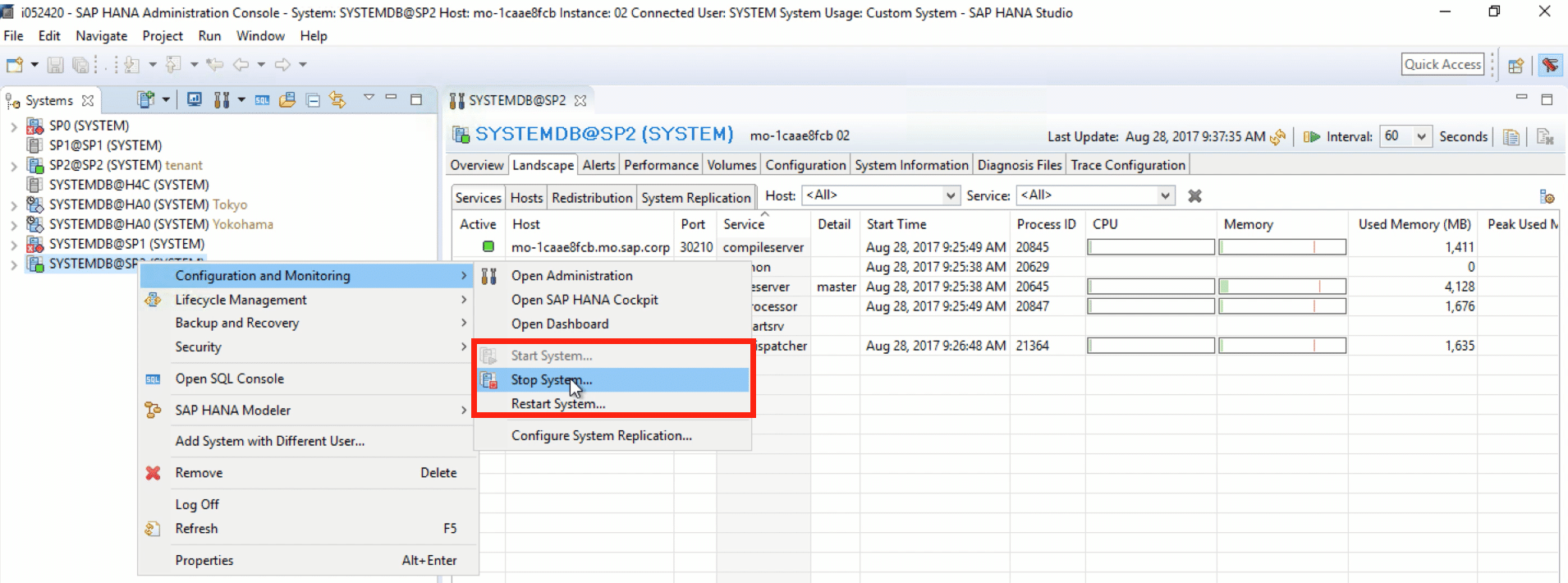 Iniciar y detener SAP HANA mediante SAP HANA Studio